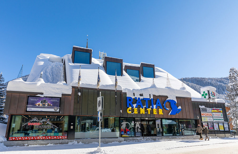 The snow-covered Rätia Center in Davos Platz